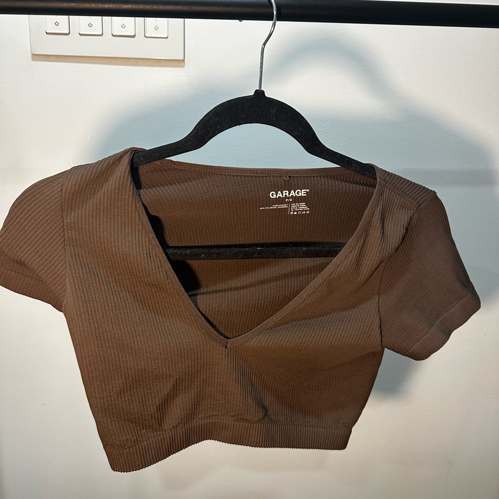 Garage Chocolate Ribbed V-Neck Crop Top